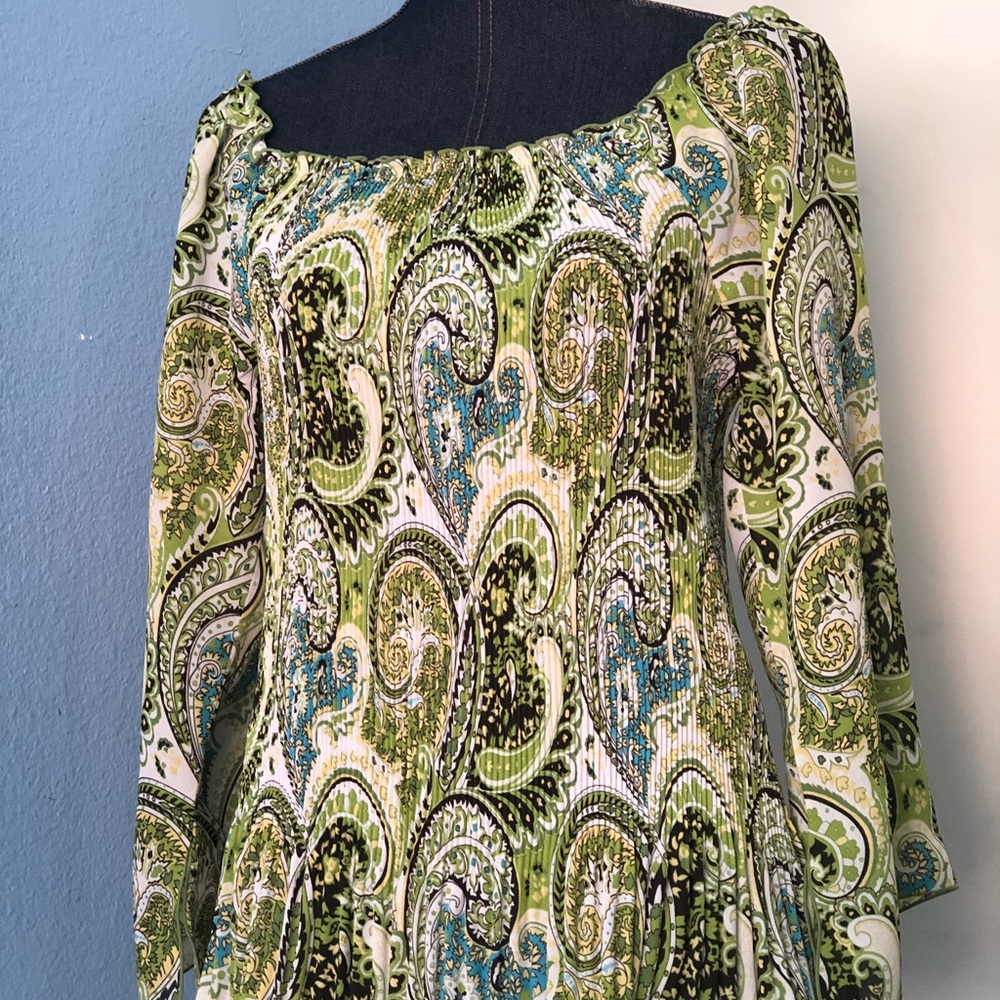 Blue Diamond Paisley off the shoulder blouse
